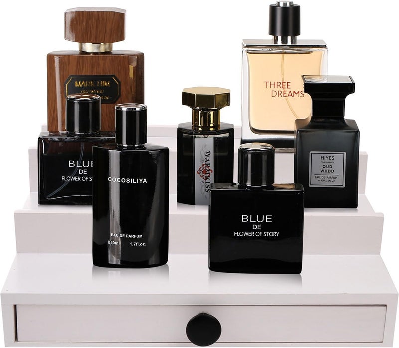 Fengligoo White Cologne Organizer for Men - 3 Tier Wooden Perfume Display Stand with Drawer and Hidden Compartment for Organizing and Storing, Cologne Holder Shelf for Dresser - Image 2